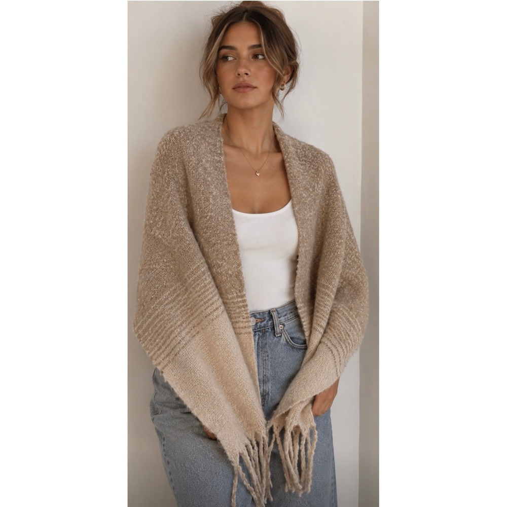 Mer-Sea & Co Womens Ombre Fringe Wrap Scarf Tan Mauve Oversized Shawl One Size